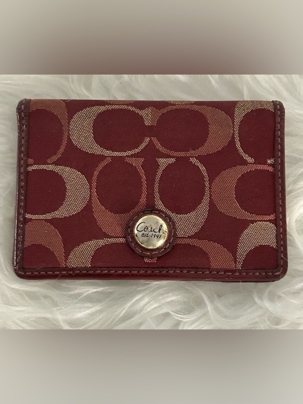 Coach Signature Burgundy Canvas Leather Wallet Mini Compact ID Holder - Picture 3 of 7